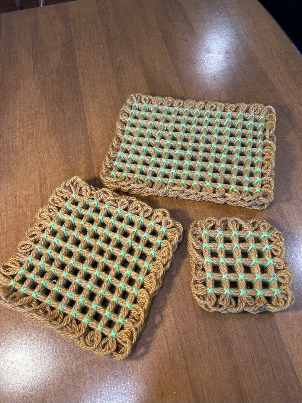 Handmade Tan and Mint Crochet Hot Pads - Set of 3